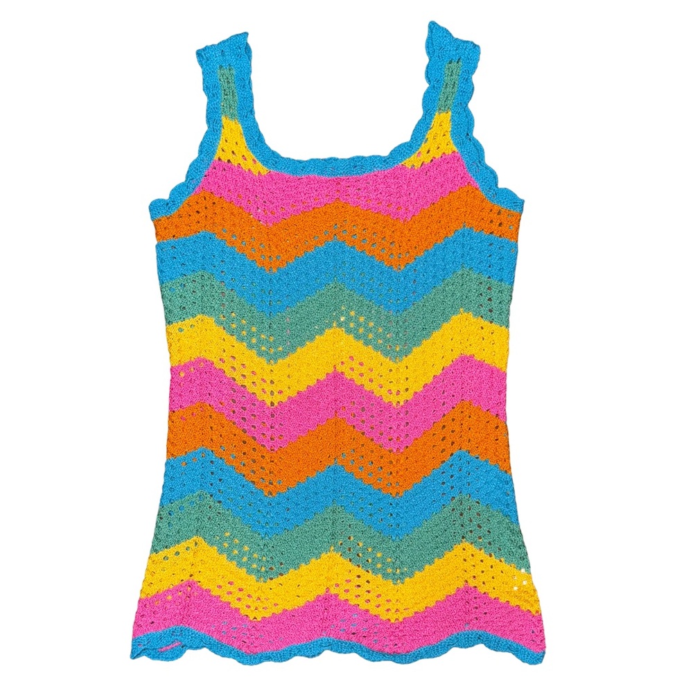 Sheer Crochet Chevron Open Knit Mini Dress Dopamine Festival‎ Rainbow Clowncore